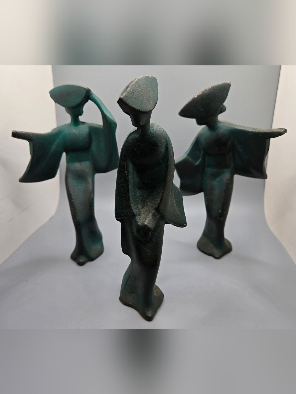 Cast Iron Awa Odori Geisha Dancers Japan Set of 3   7" Tall 1950s